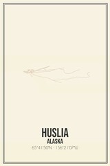 Retro US city map of Huslia, Alaska. Vintage street map.