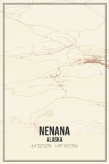 Retro US city map of Nenana, Alaska. Vintage street map.