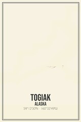 Retro US city map of Togiak, Alaska. Vintage street map.