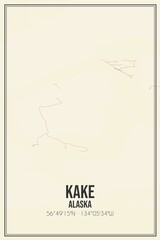 Retro US city map of Kake, Alaska. Vintage street map.