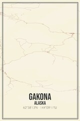 Retro US city map of Gakona, Alaska. Vintage street map.