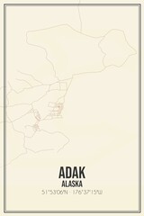 Retro US city map of Adak, Alaska. Vintage street map.