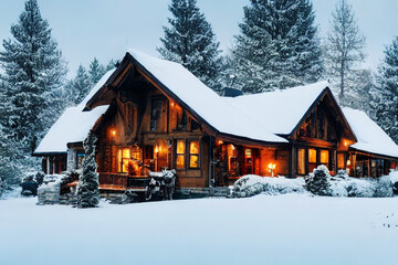 Cozy winter warm house with yellow lights, covered with snow, wooden house in winter forest