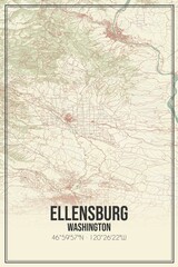 Retro US city map of Ellensburg, Washington. Vintage street map.