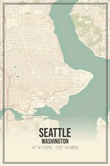 Retro US city map of Seattle, Washington. Vintage street map.