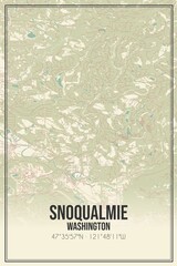 Retro US city map of Snoqualmie, Washington. Vintage street map.
