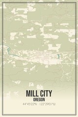 Retro US city map of Mill City, Oregon. Vintage street map.