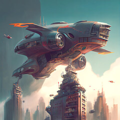 Cyberpunk city, an aircraft.