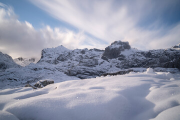 landscape view of the mountains covered in snow in winter (Picos de Europa National Park, Spain)