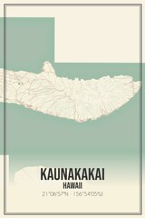 Retro US city map of Kaunakakai, Hawaii. Vintage street map.