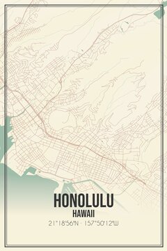 Retro US city map of Honolulu, Hawaii. Vintage street map.