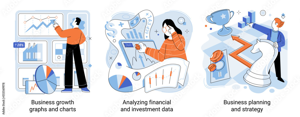 Fototapete business growth graphs and charts. analyzing financial and investment data, planning and strategy. a
