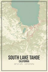 Retro US city map of South Lake Tahoe, California. Vintage street map.