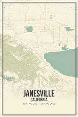 Retro US city map of Janesville, California. Vintage street map.