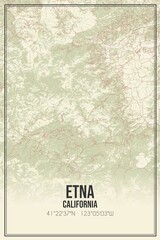 Retro US city map of Etna, California. Vintage street map.