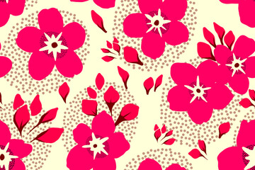 Flowers seamless pattern. Minimal vintage background. Hand drawn pink flowers. Simple modern pattern. Bright red colors plants for textile, covers, fabric, packaging.