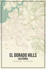 Retro US city map of El Dorado Hills, California. Vintage street map.