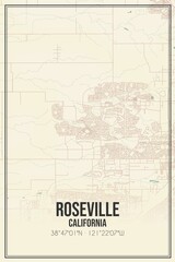 Retro US city map of Roseville, California. Vintage street map.