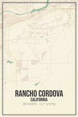 Retro US city map of Rancho Cordova, California. Vintage street map.