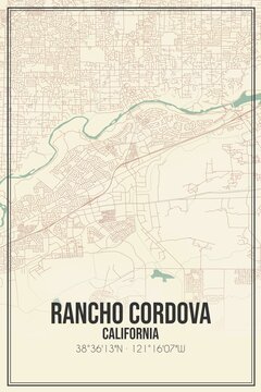 Retro US City Map Of Rancho Cordova, California. Vintage Street Map.