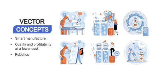 Smart manufacture, quality and profitability at a lower cost, robotics system metaphor set. Productivity management, quality control for successful results monitoring and job tasks optimization