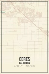 Retro US city map of Ceres, California. Vintage street map.