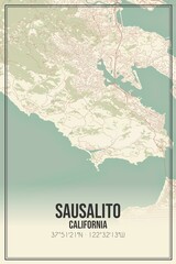 Retro US city map of Sausalito, California. Vintage street map.