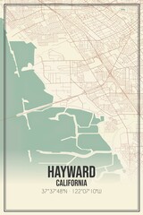 Retro US city map of Hayward, California. Vintage street map.
