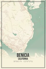 Retro US city map of Benicia, California. Vintage street map.