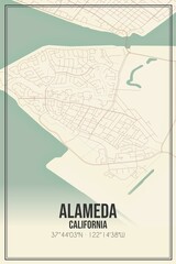 Retro US city map of Alameda, California. Vintage street map.