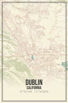 Retro US city map of Dublin, California. Vintage street map.