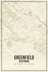 Retro US city map of Greenfield, California. Vintage street map.
