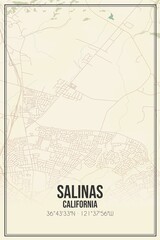 Retro US city map of Salinas, California. Vintage street map.