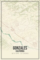 Retro US city map of Gonzales, California. Vintage street map.