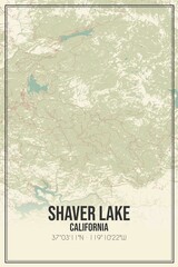 Retro US city map of Shaver Lake, California. Vintage street map.