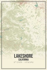 Retro US city map of Lakeshore, California. Vintage street map.