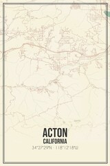 Retro US city map of Acton, California. Vintage street map.
