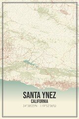 Retro US city map of Santa Ynez, California. Vintage street map.