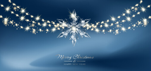 Vector Christmas decoration. Transparent light garlands and glass decoration elements on abstract background. 
