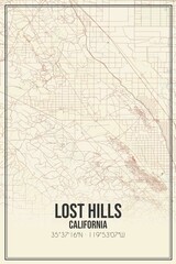 Retro US city map of Lost Hills, California. Vintage street map.