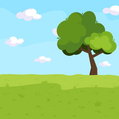 Summer cartoon background in flat style. Tree against a background of blue sky on the horizon.
