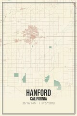 Retro US city map of Hanford, California. Vintage street map.