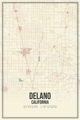 Retro US city map of Delano, California. Vintage street map.
