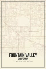 Retro US city map of Fountain Valley, California. Vintage street map.