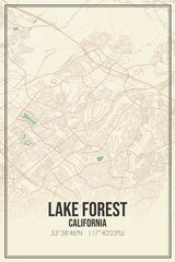 Retro US city map of Lake Forest, California. Vintage street map.