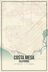 Retro US city map of Costa Mesa, California. Vintage street map.