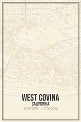 Retro US city map of West Covina, California. Vintage street map.