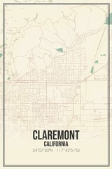 Retro US city map of Claremont, California. Vintage street map. - obrazy, fototapety, plakaty