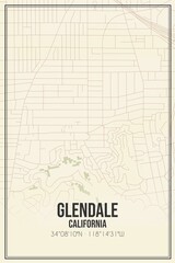 Retro US city map of Glendale, California. Vintage street map.