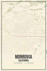 Retro US city map of Monrovia, California. Vintage street map.